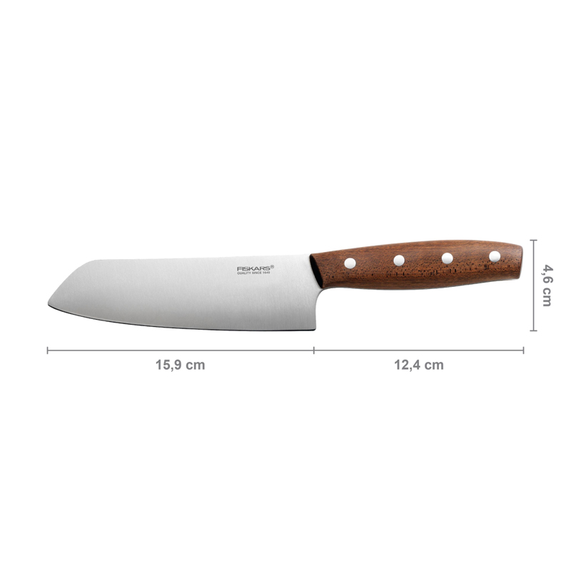 Cutit Santoku, Fiskars, Norr, lama inoxidabila, maner lemn Kebony, 15.9 cm