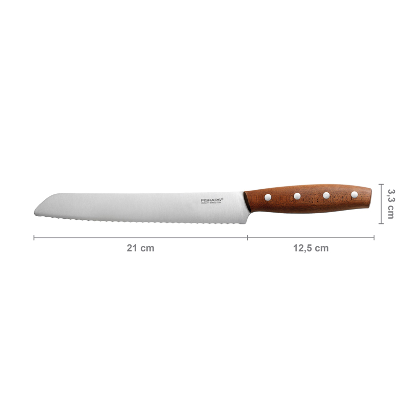 Cutit de paine, Fiskars, Norr, lama inoxidabila, maner lemn Kebony, 21 cm