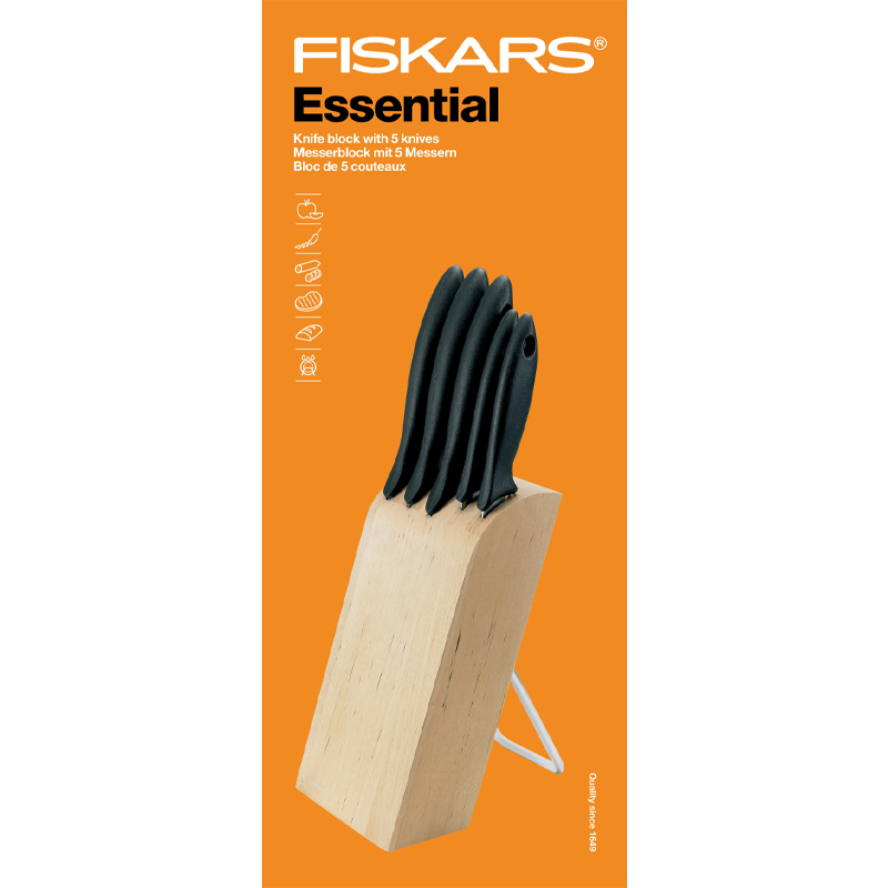 Set suport cu 5 cutite Fiskars, Essential, lame inoxidabile, suport lemn