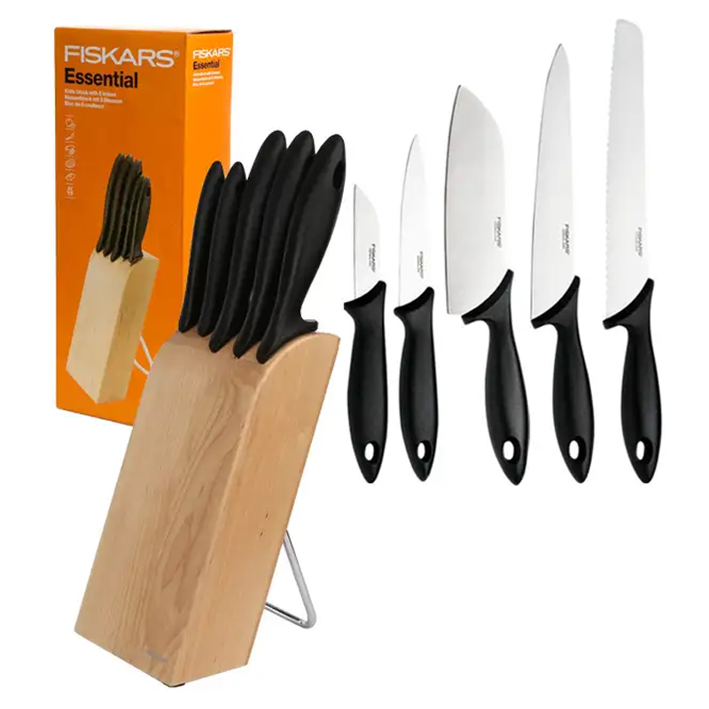 Set suport cu 5 cutite Fiskars, Essential, lame inoxidabile, suport lemn