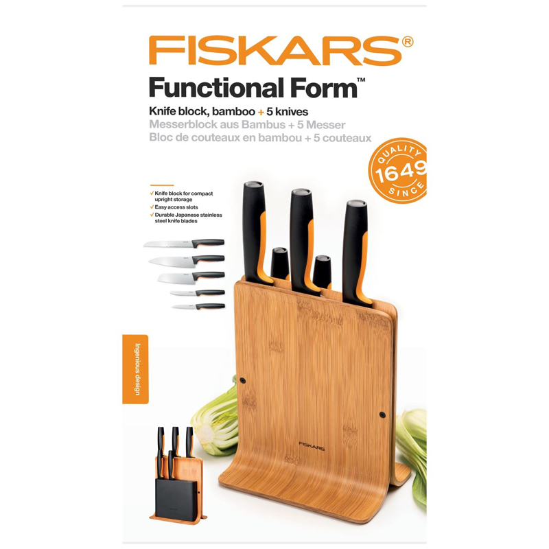 Set suport cu 5 cutite, Fiskars, Functional Form, lame inoxidabile, suport bambus