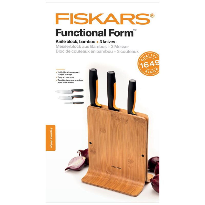 Set suport cu 3 cutite, Fiskars, Functional Form, lame inoxidabile, suport bambus