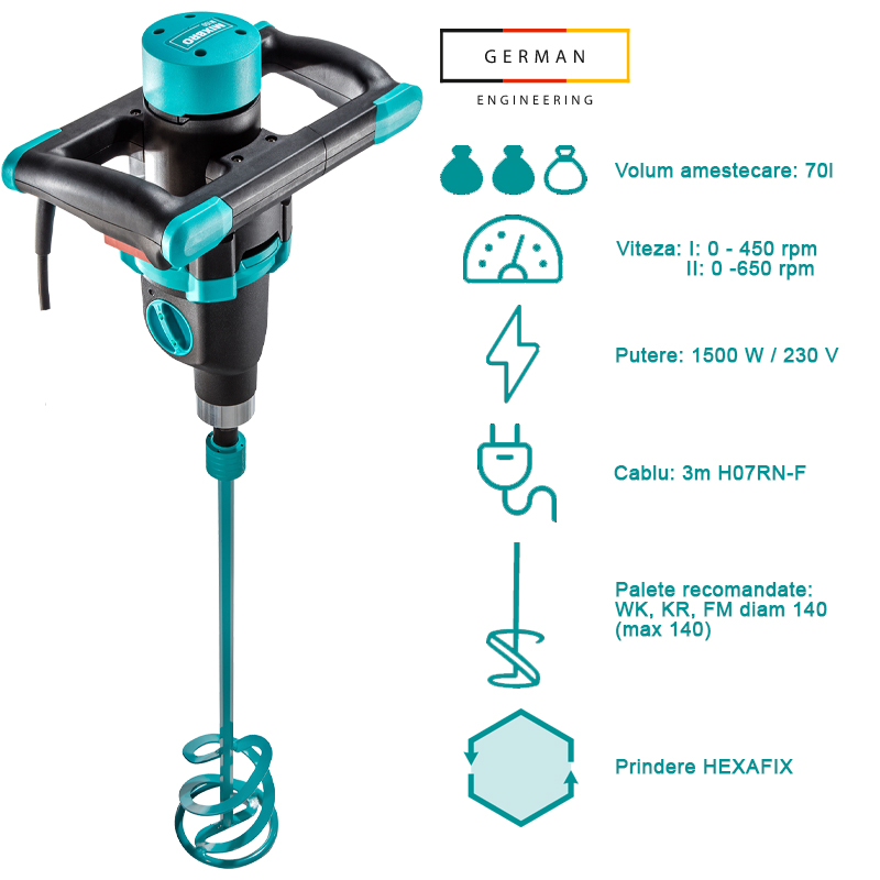 Amestecator Collomix MIX-BRO M150, 2 viteze, 1500W, cu o paleta pentru materiale vascoase KR120HF