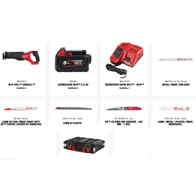 Fierastrau alternativ (sabie) cu 2 acumulatori 18V 5Ah + Accesorii, Milwaukee SAWZALL™ M18 FUEL™, tip M18FSZ100P-502P