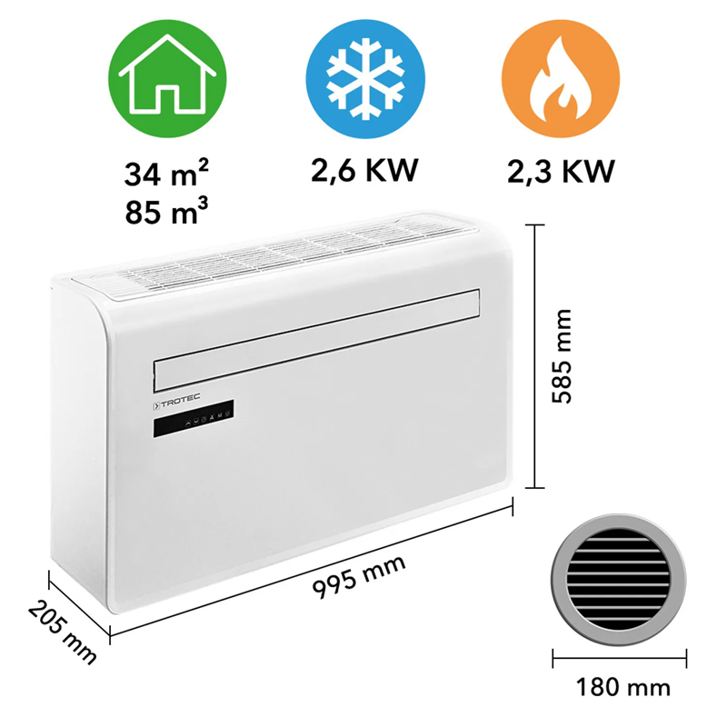 Aparat de aer conditionat de perete Trotec, tip PAC-W2650SH, 2.6 kW, 500m³/h