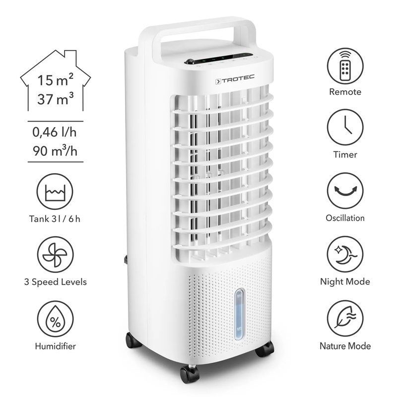 Aircooler - Racitor de aer portabil, umidificator, Trotec, tip PAE11, alb, 45 W, 90m³/h, 3 viteze