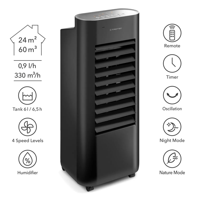 Aircooler - Racitor de aer portabil, umidificator Trotec, tip PAE22, negru, 60 W, 330m³/h, 4 viteze