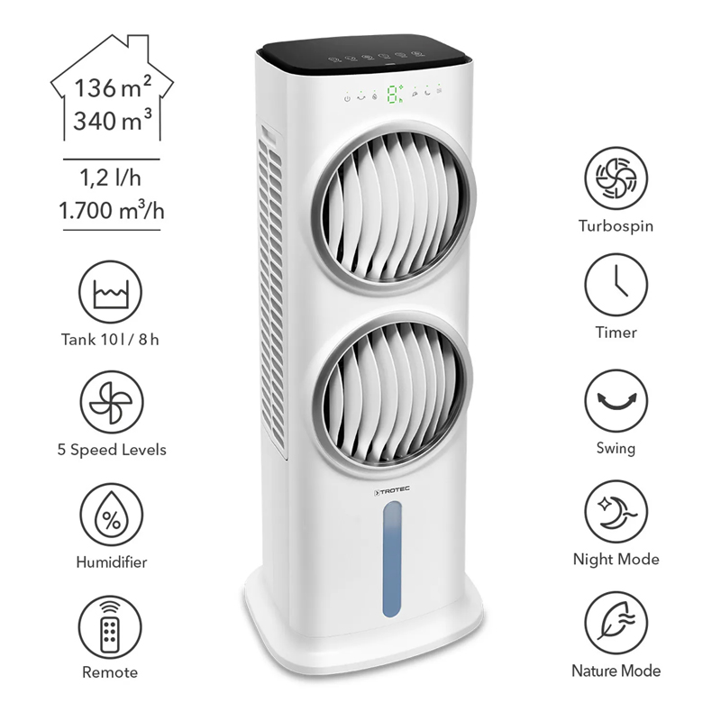 Aircooler - Racitor de aer portabil, umidificator, Trotec, tip PAE45, alb, 90 W, 1700m³/h, 5 viteze