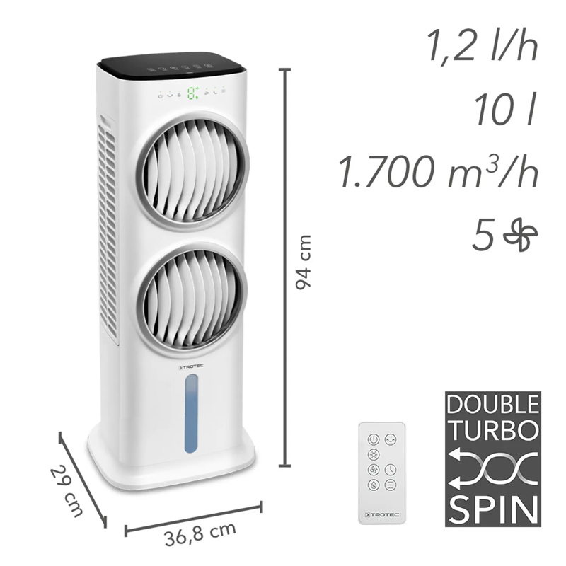 Aircooler - Racitor de aer portabil, umidificator, Trotec, tip PAE45, alb, 90 W, 1700m³/h, 5 viteze