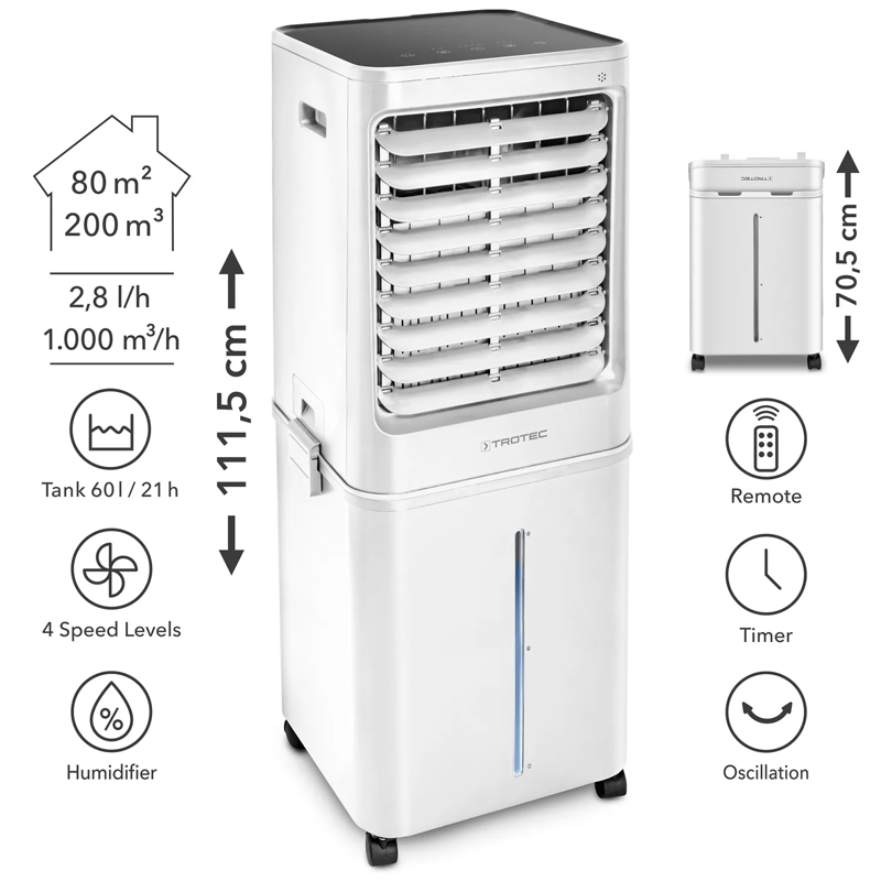 Aircooler - Racitor de aer portabil, umidificator, Trotec, tip PAE81, alb, 125 W, 1000m³/h, 4 viteze