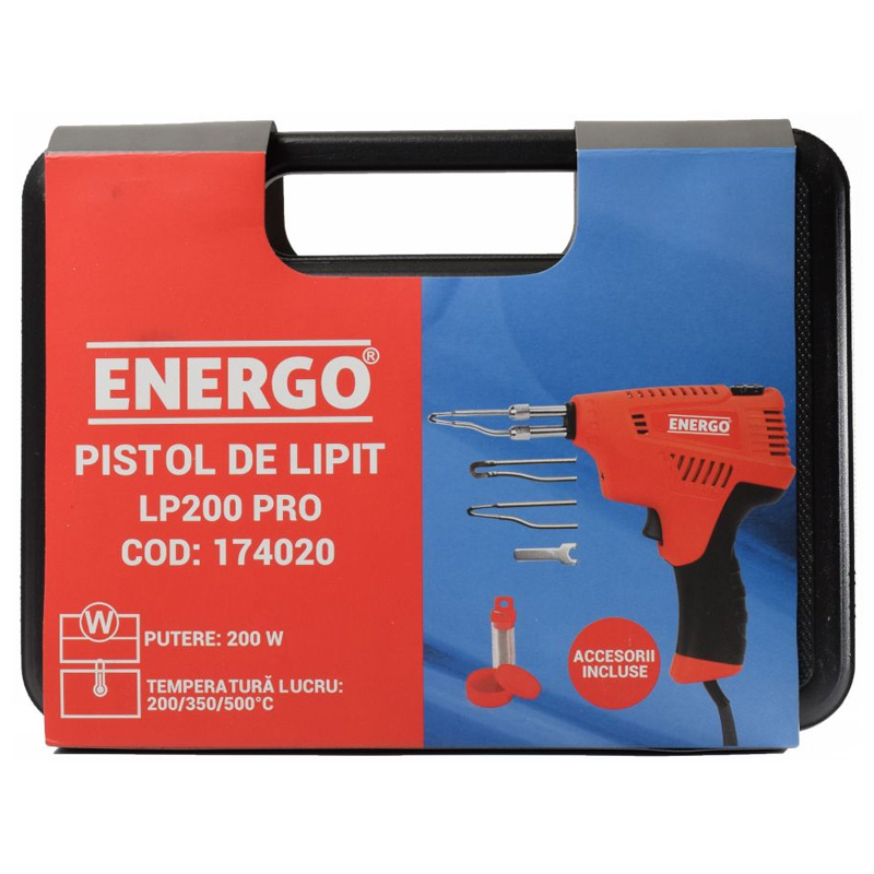 Pistol de lipit 200 W Energo LP200 PRO, cu termostat reglabil 200/350/500 °C, accesorii si valiza (cod vechi: 1740PRO)