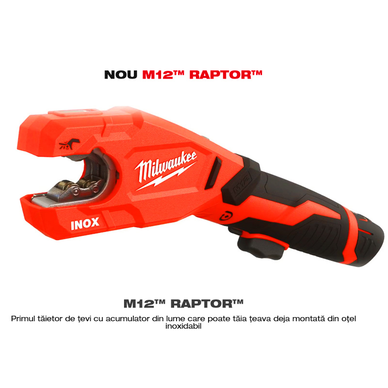 Taietor de tevi din otel inoxidabil M12™, cu acumulator 12V Li-Ion 2.0 Ah, Milwaukee RAPTOR™ tip M12 PCSS-202C