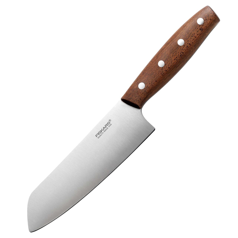 Cutit Santoku, Fiskars, Norr, lama inoxidabila, maner lemn Kebony, 15.9 cm